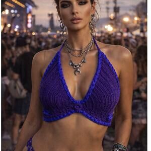 Forte Forte Women's Purple Crochet Knit Self Tie Top (US 6-M) NWT Boho Designer